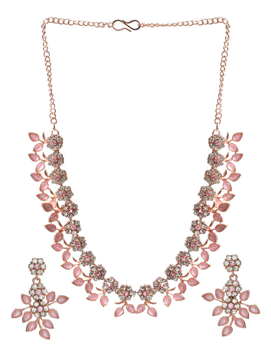 Pink Studded Floral Rose Gold Plated Jewellery Set
